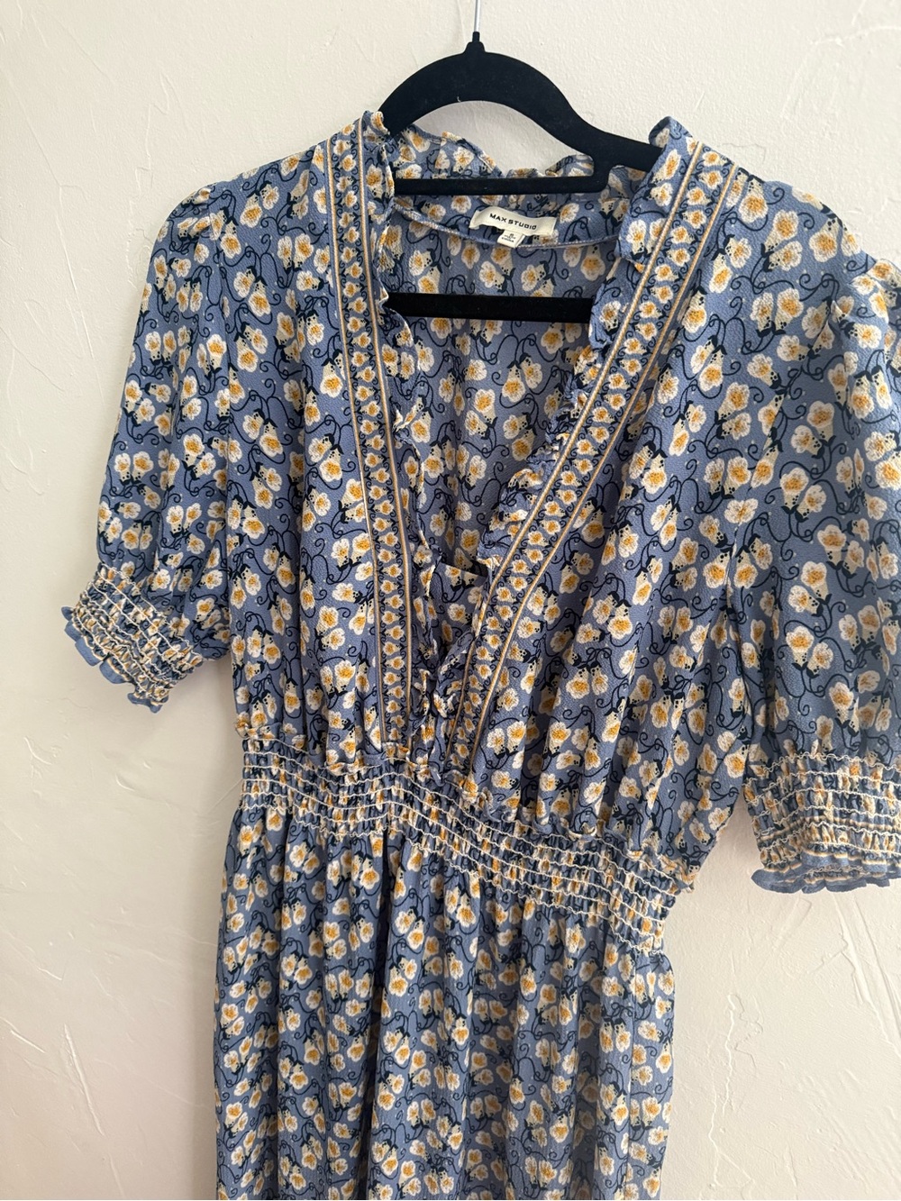Max Studio Blue Floral Smocked Waist Dress with Yellow Accents